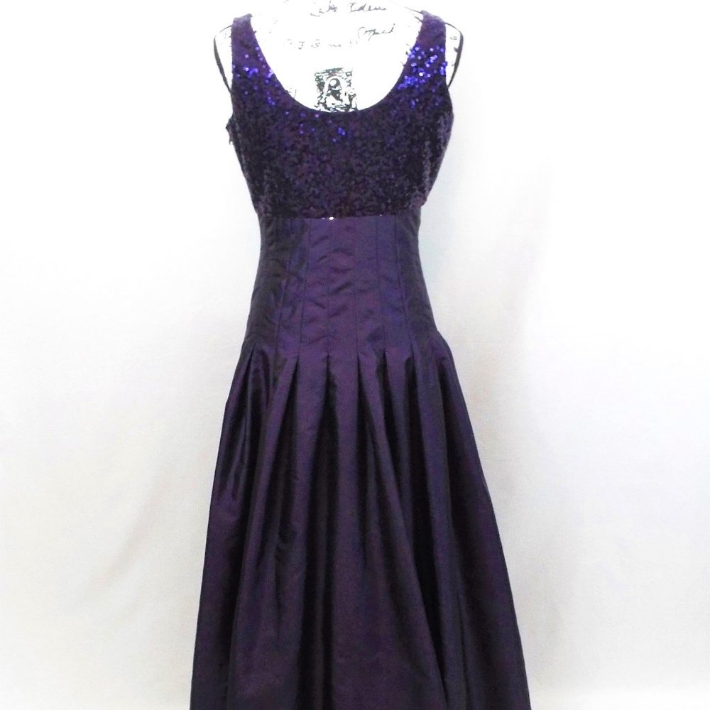 Calvin Klein Purple Satin Evening Gown with Sequin Upper Bodice Size 6